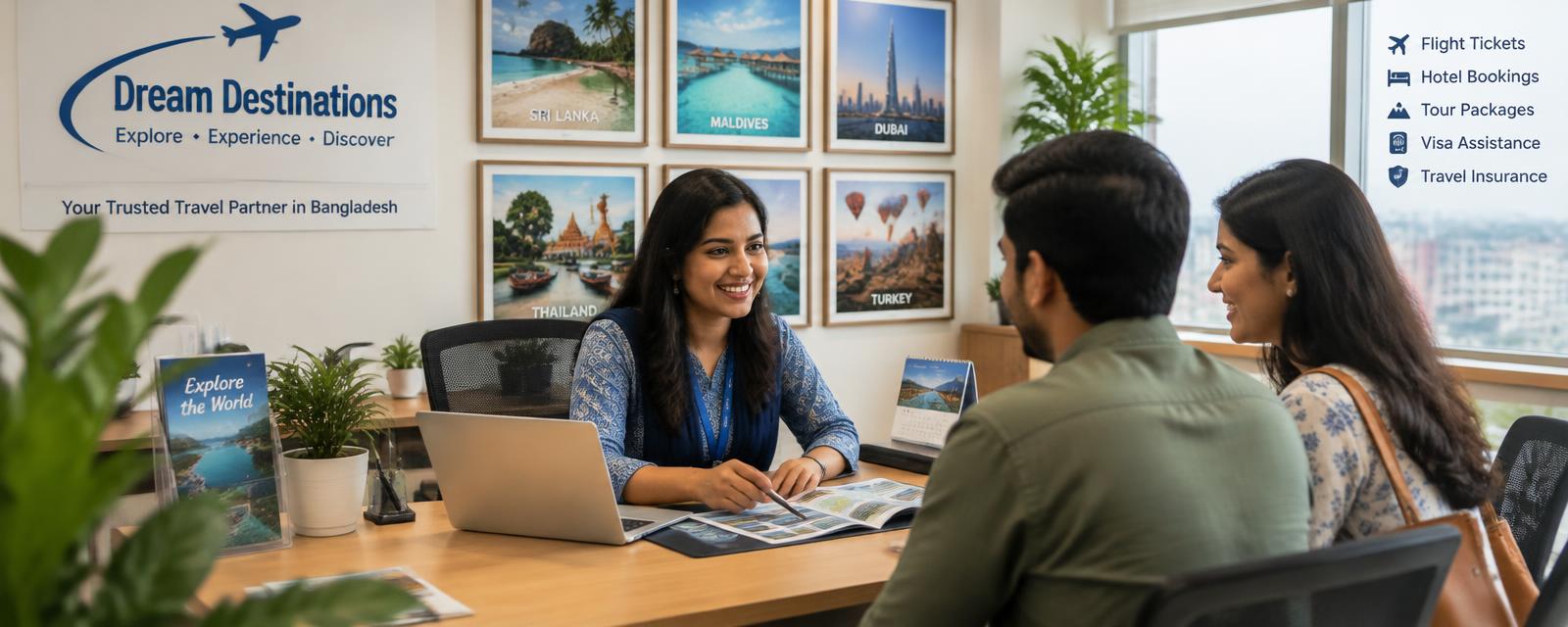 Travel consultant helping a couple plan their trip